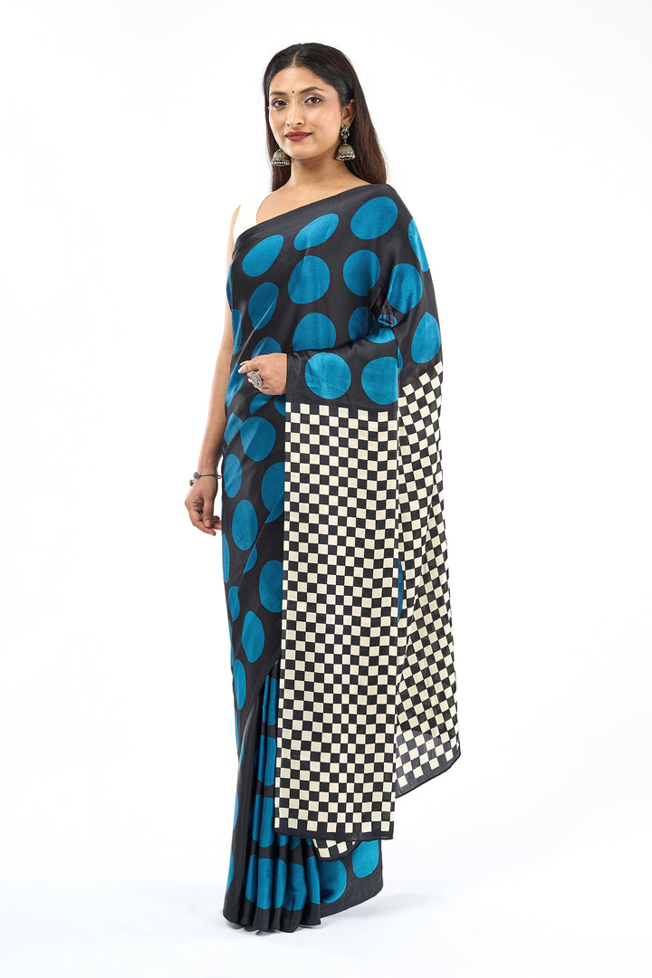 Teejh Afu Blue and Black Digital Print Modal Silk Saree