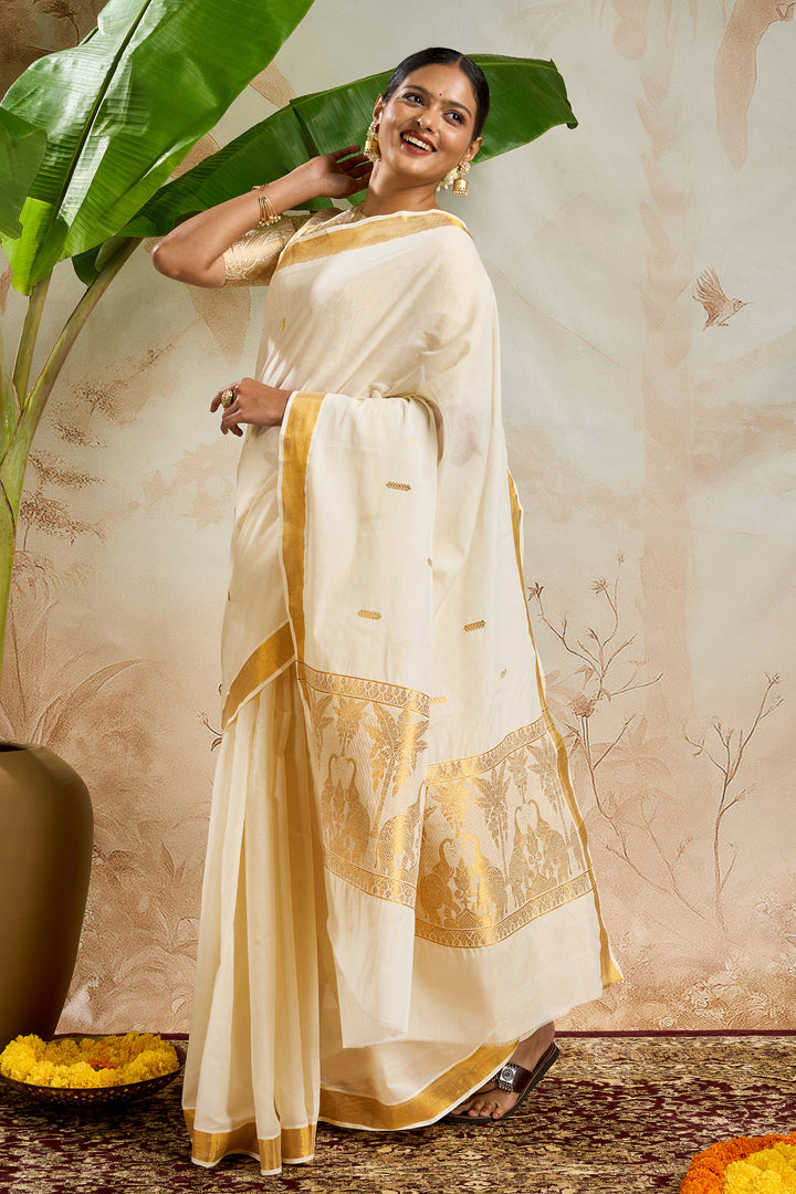 Teejh Bindu Cotton Off white and Black Kasavu Saree