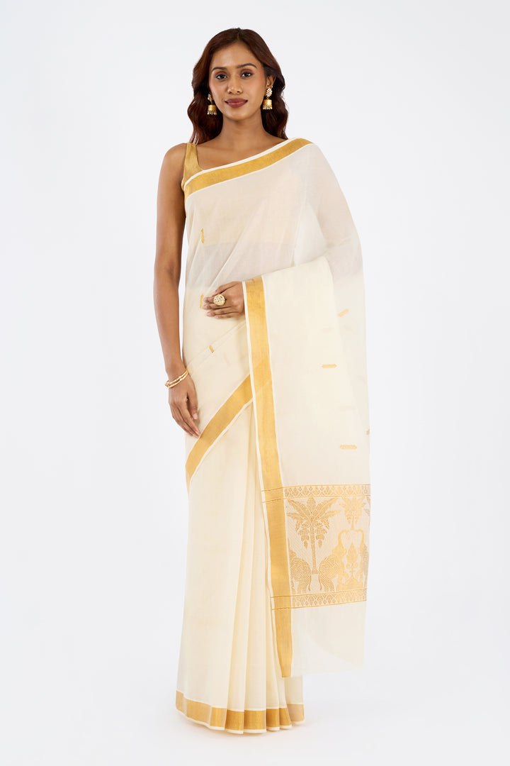 Teejh Bindu Cotton Off white and Black Kasavu Saree