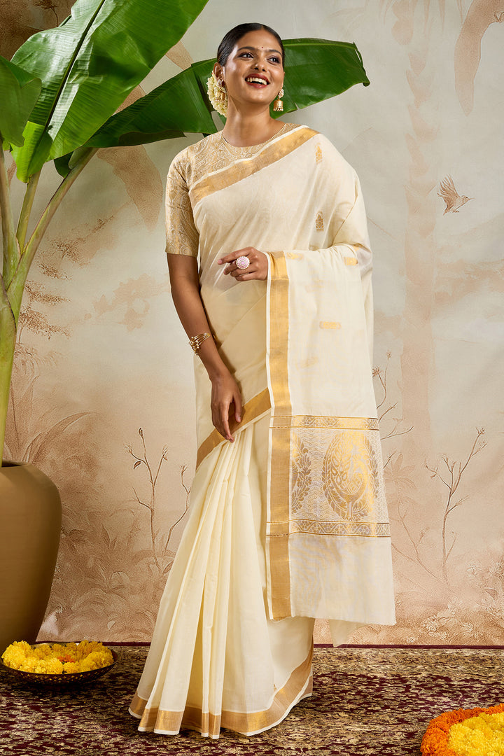 Teejh Saroj Cotton Off white and Black Kasavu Saree