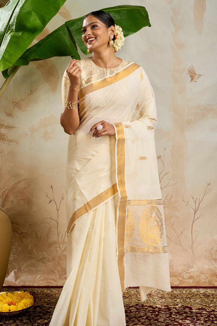 Teejh Saroj Cotton Off white and Black Kasavu Saree