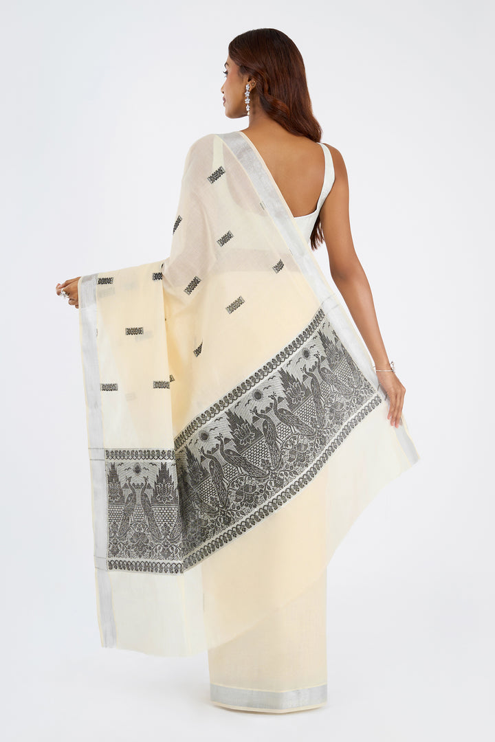 Teejh Varnika Cotton Off white and Black Kasavu Saree