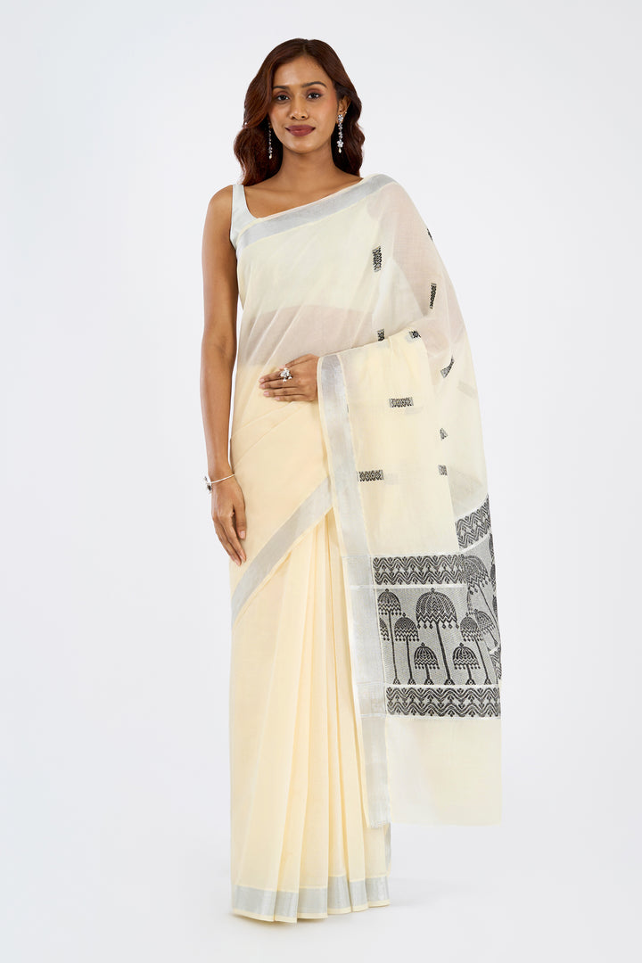 Teejh Mausami Cotton Off white and Black Kasavu Saree