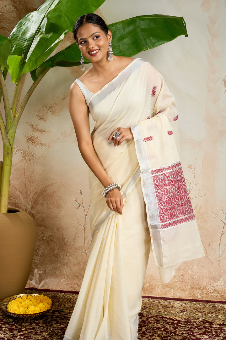 Teejh Vahina Cotton Off white and Maroon Kasavu Saree