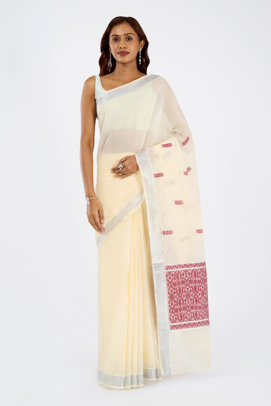 Teejh Vahina Cotton Off white and Maroon Kasavu Saree