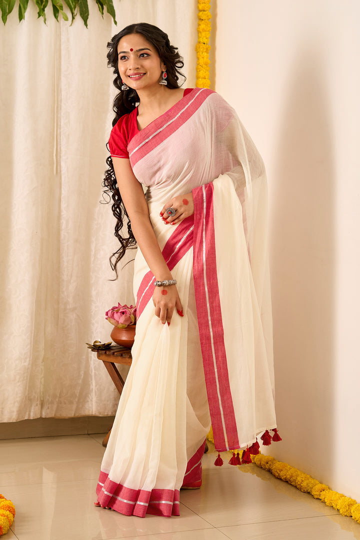 Teejh Aabheri OffWhite &amp; Red Cotton Saree