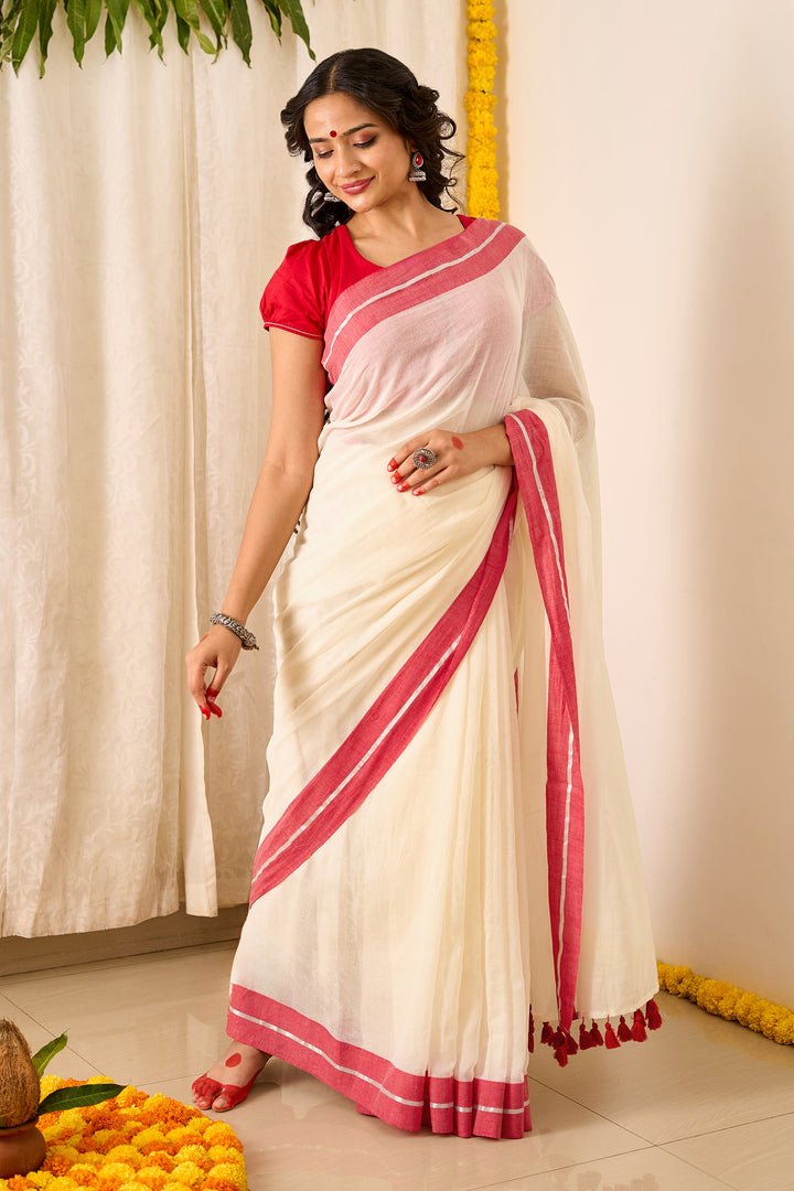 Teejh Aabheri OffWhite &amp; Red Cotton Saree