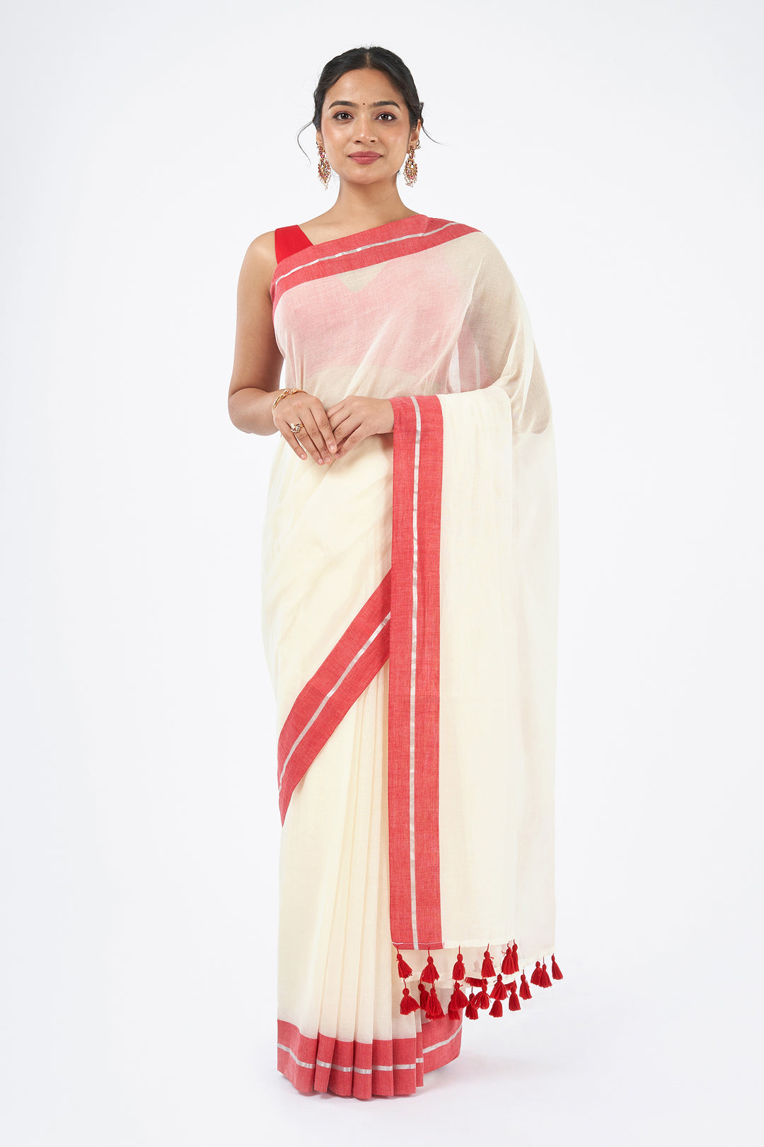 Teejh Aabheri OffWhite &amp; Red Cotton Saree