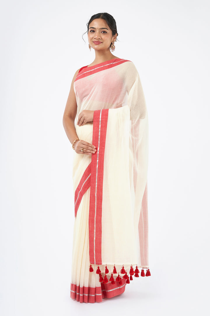 Teejh Aabheri OffWhite &amp; Red Cotton Saree