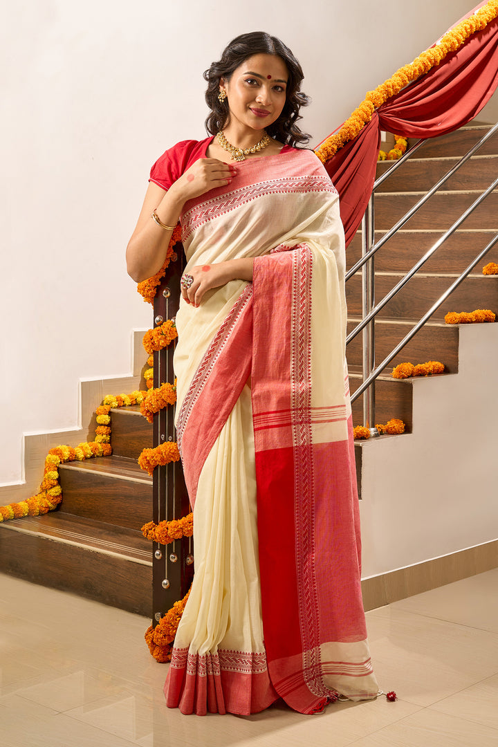 Teejh Mahishmardini  OffWhite &amp; Red Cotton Saree