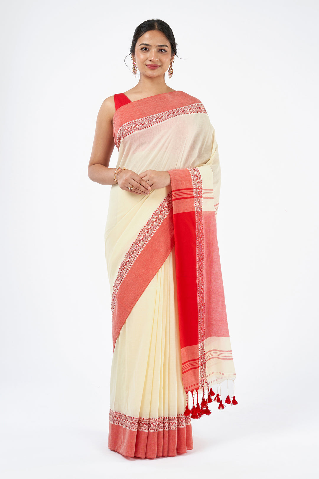 Teejh Mahishmardini  OffWhite &amp; Red Cotton Saree