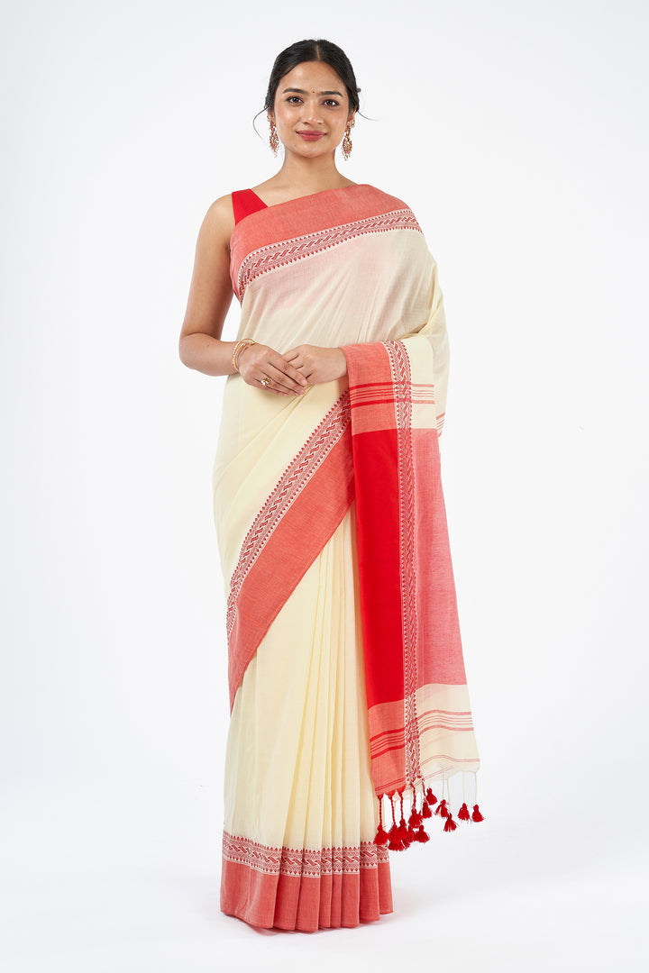 Teejh Mahishmardini  OffWhite &amp; Red Cotton Saree