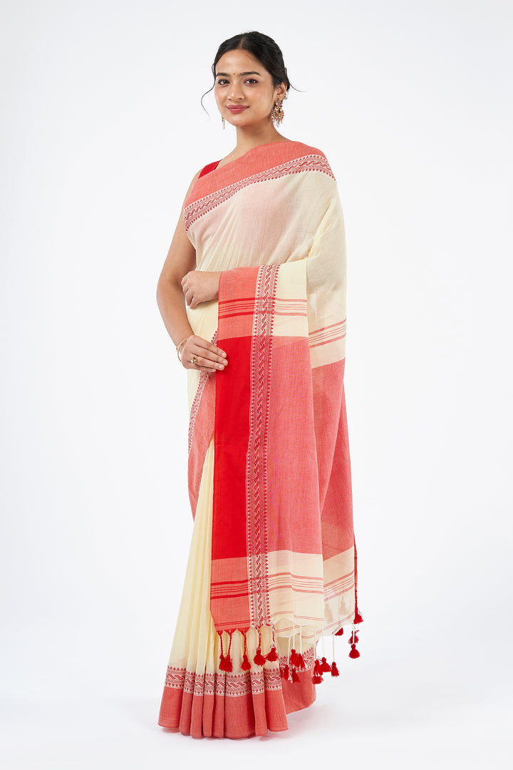 Teejh Mahishmardini  OffWhite &amp; Red Cotton Saree