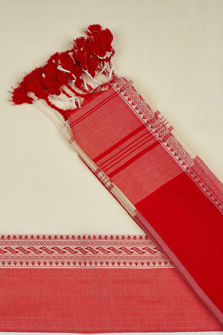 Teejh Mahishmardini  OffWhite &amp; Red Cotton Saree