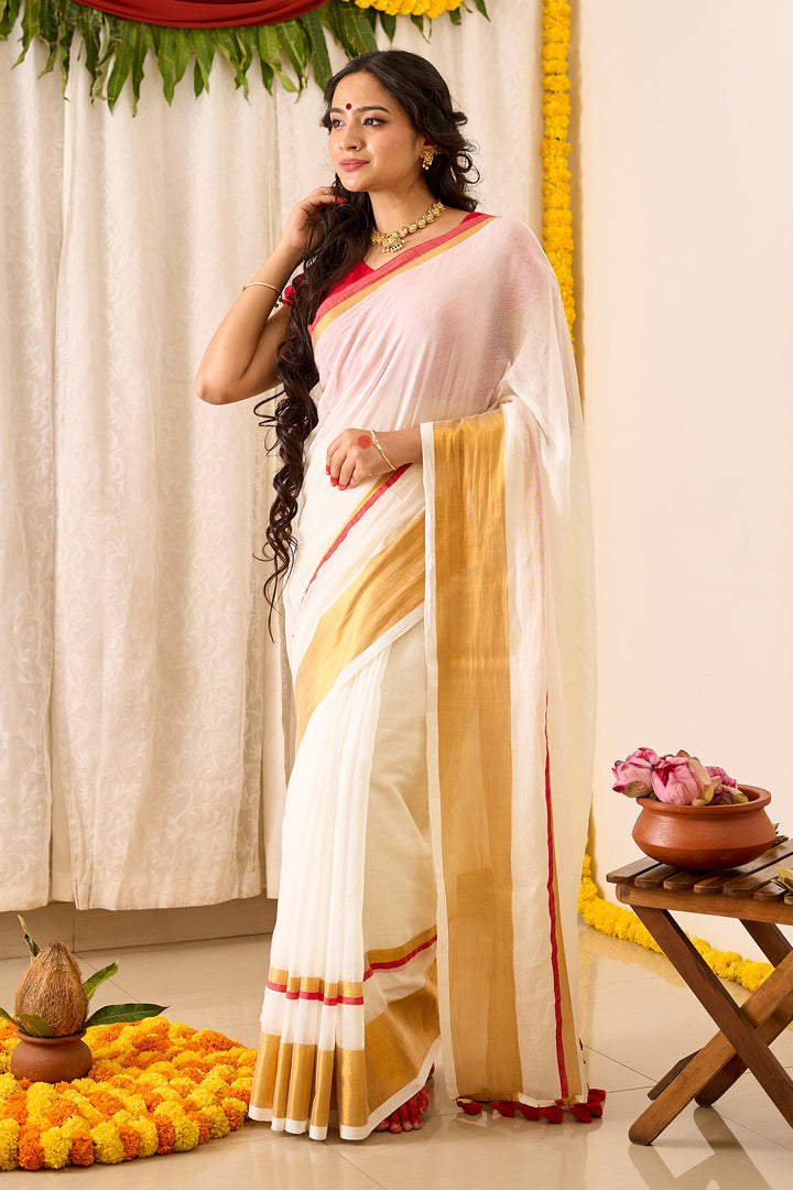 Teejh Mahadevi OffWhite &amp; Red Cotton Saree