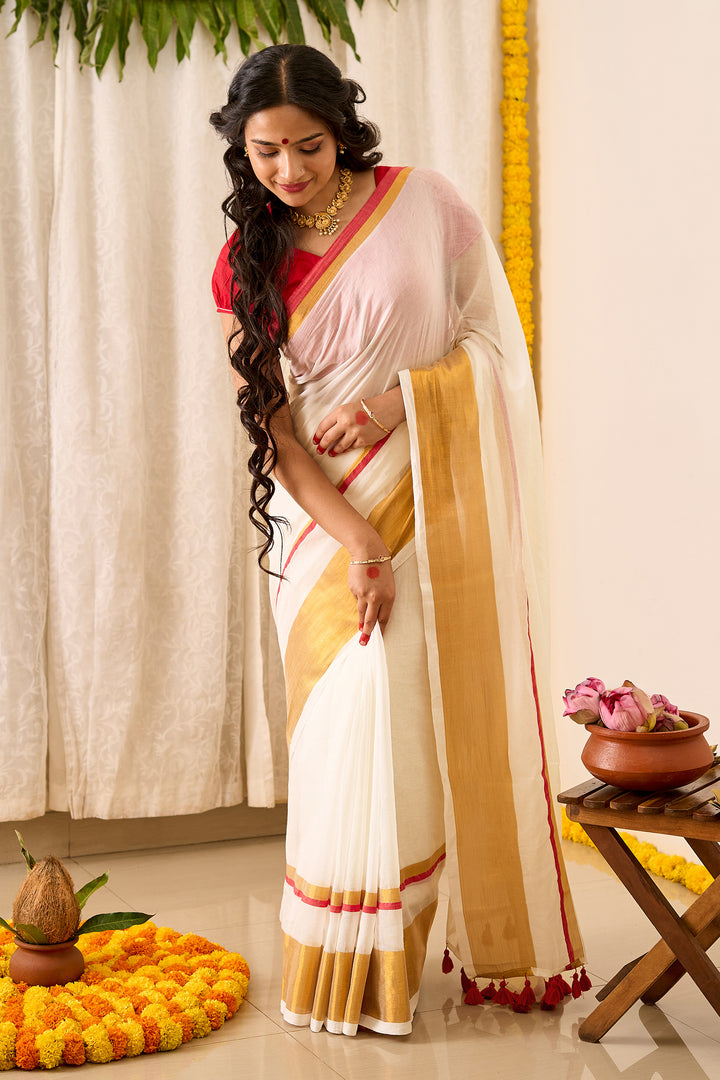 Teejh Mahadevi OffWhite &amp; Red Cotton Saree