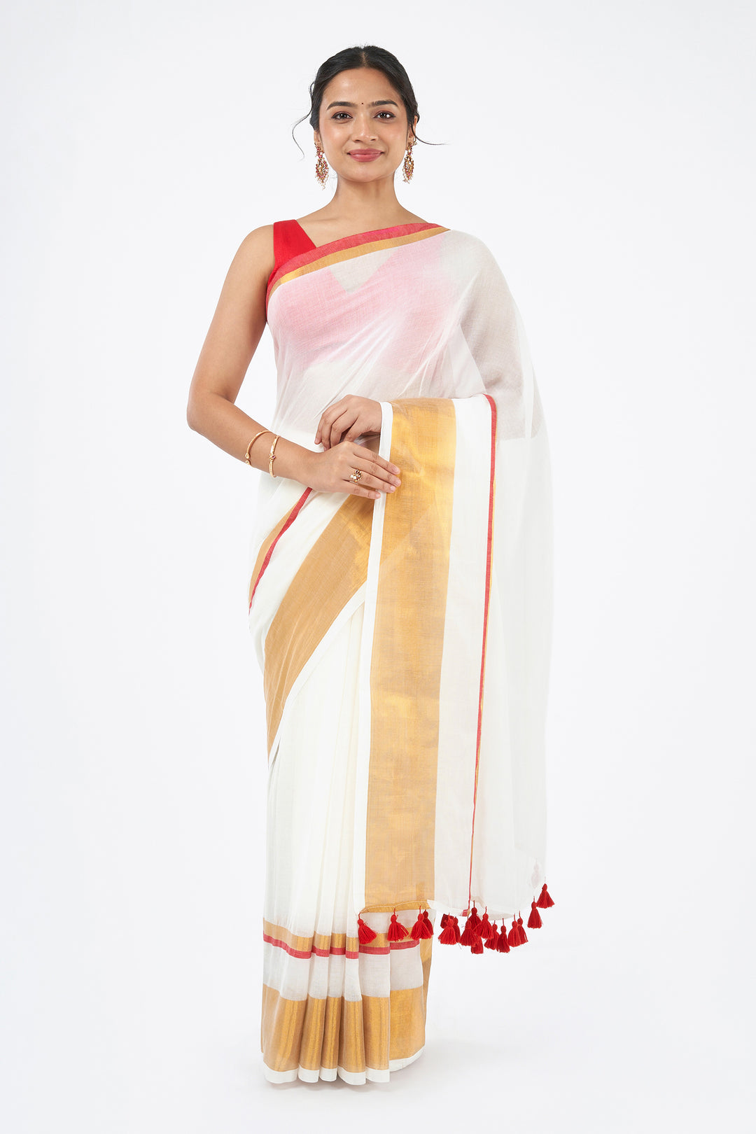 Teejh Mahadevi OffWhite &amp; Red Cotton Saree
