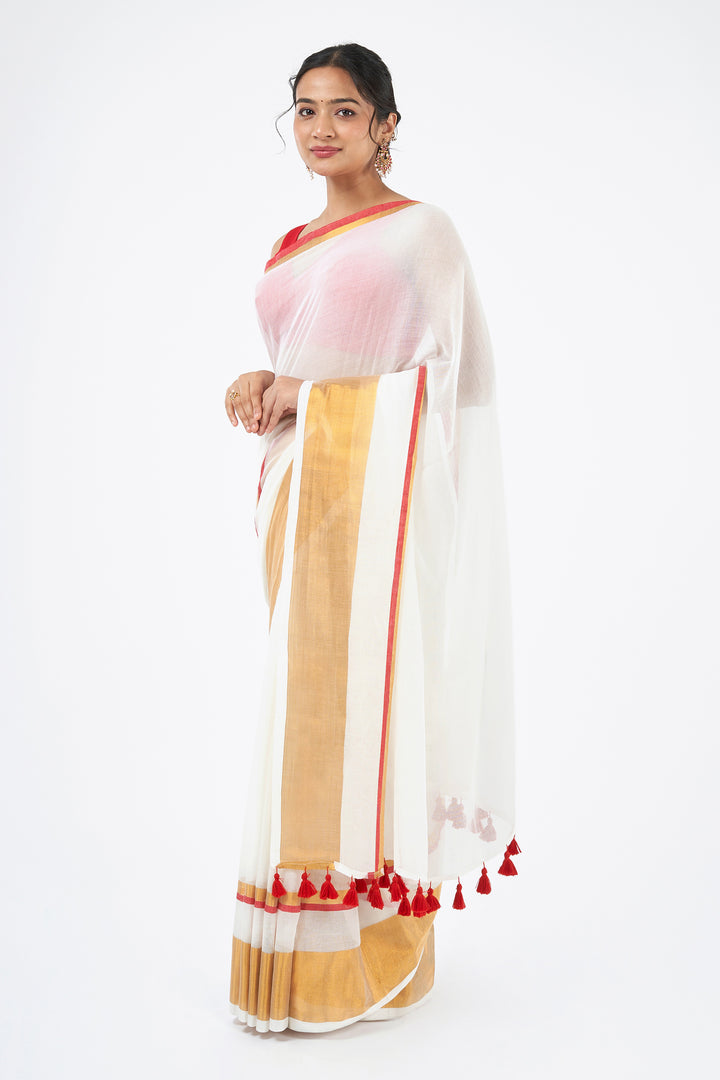 Teejh Mahadevi OffWhite &amp; Red Cotton Saree
