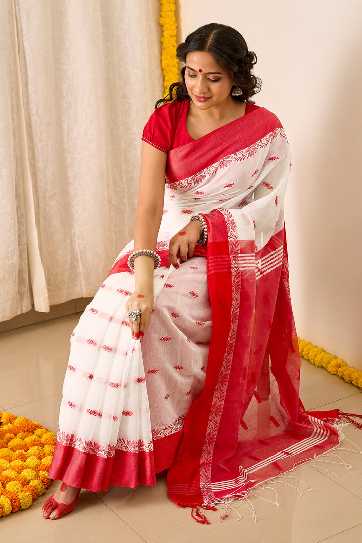 Teejh Mahishmardini  White &amp; Red Cotton Saree