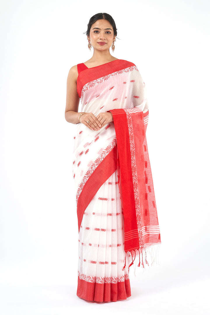 Teejh Mahishmardini  White &amp; Red Cotton Saree