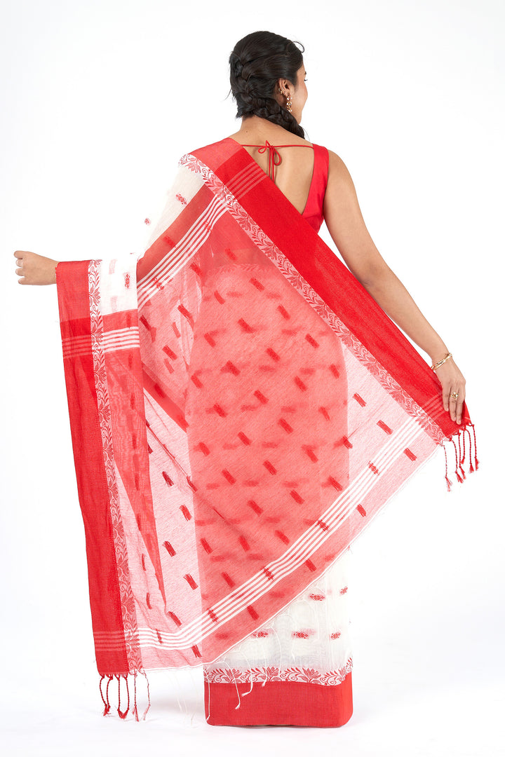 Teejh Mahishmardini  White &amp; Red Cotton Saree