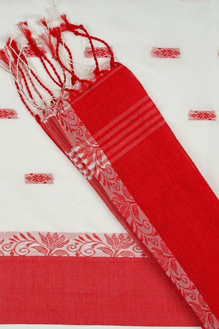 Teejh Mahishmardini  White &amp; Red Cotton Saree