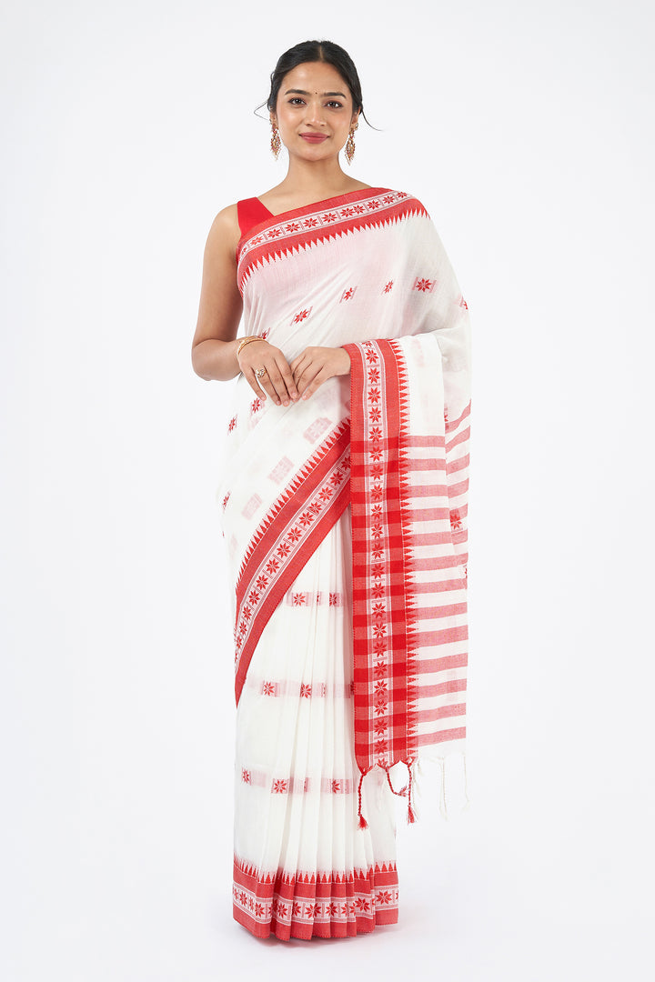 Teejh Deepanjali OffWhite &amp; Red Cotton Saree