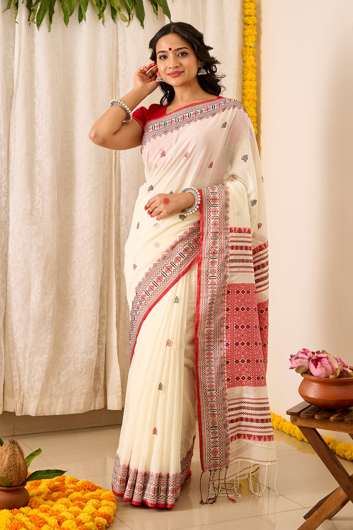 Teejh Alokya OffWhite &amp; Red Cotton Saree