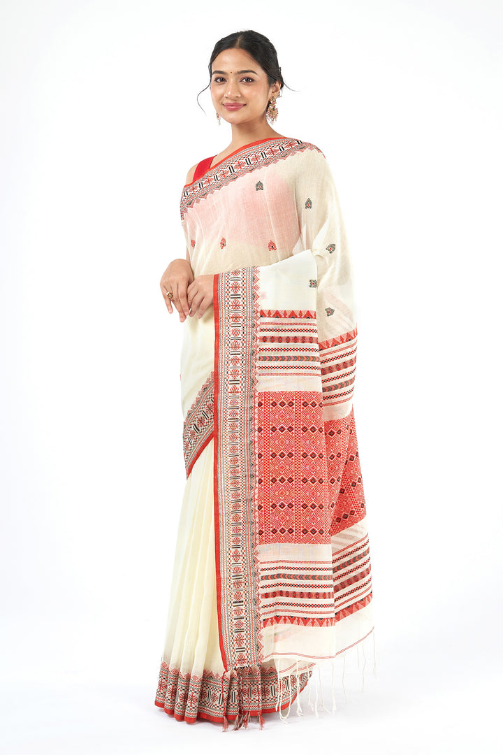 Teejh Alokya OffWhite &amp; Red Cotton Saree
