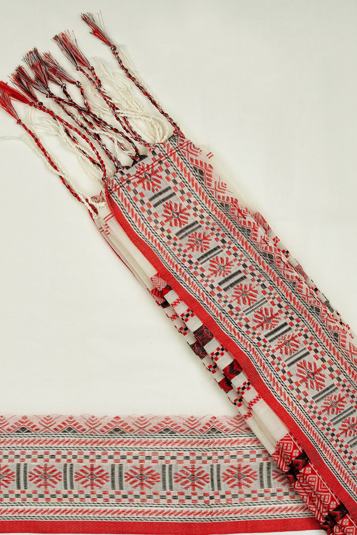 Teejh Alokya OffWhite &amp; Red Cotton Saree