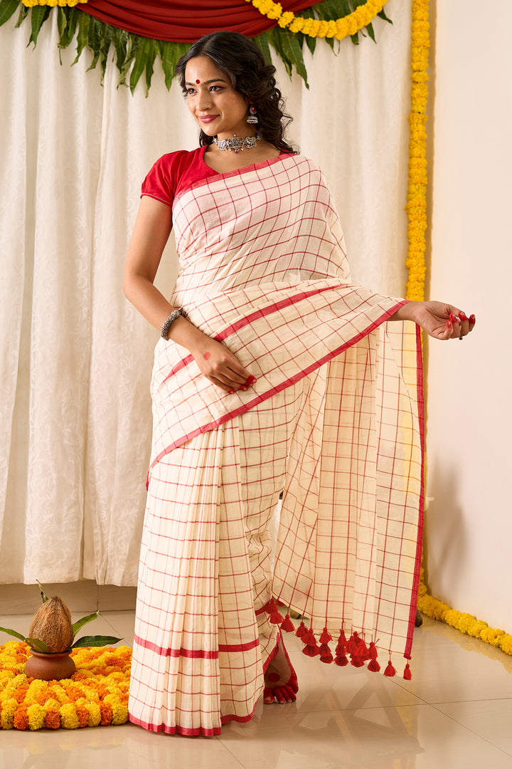 Teejh Agomoni OffWhite &amp; Red Cotton Saree