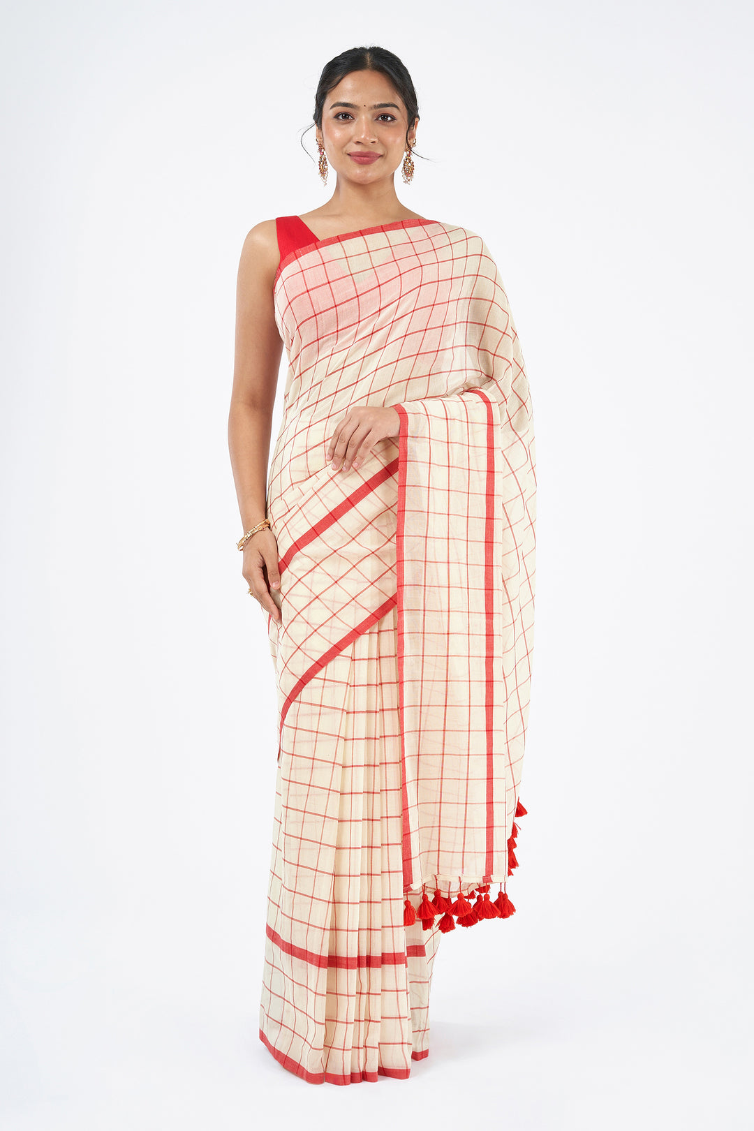 Teejh Agomoni OffWhite &amp; Red Cotton Saree