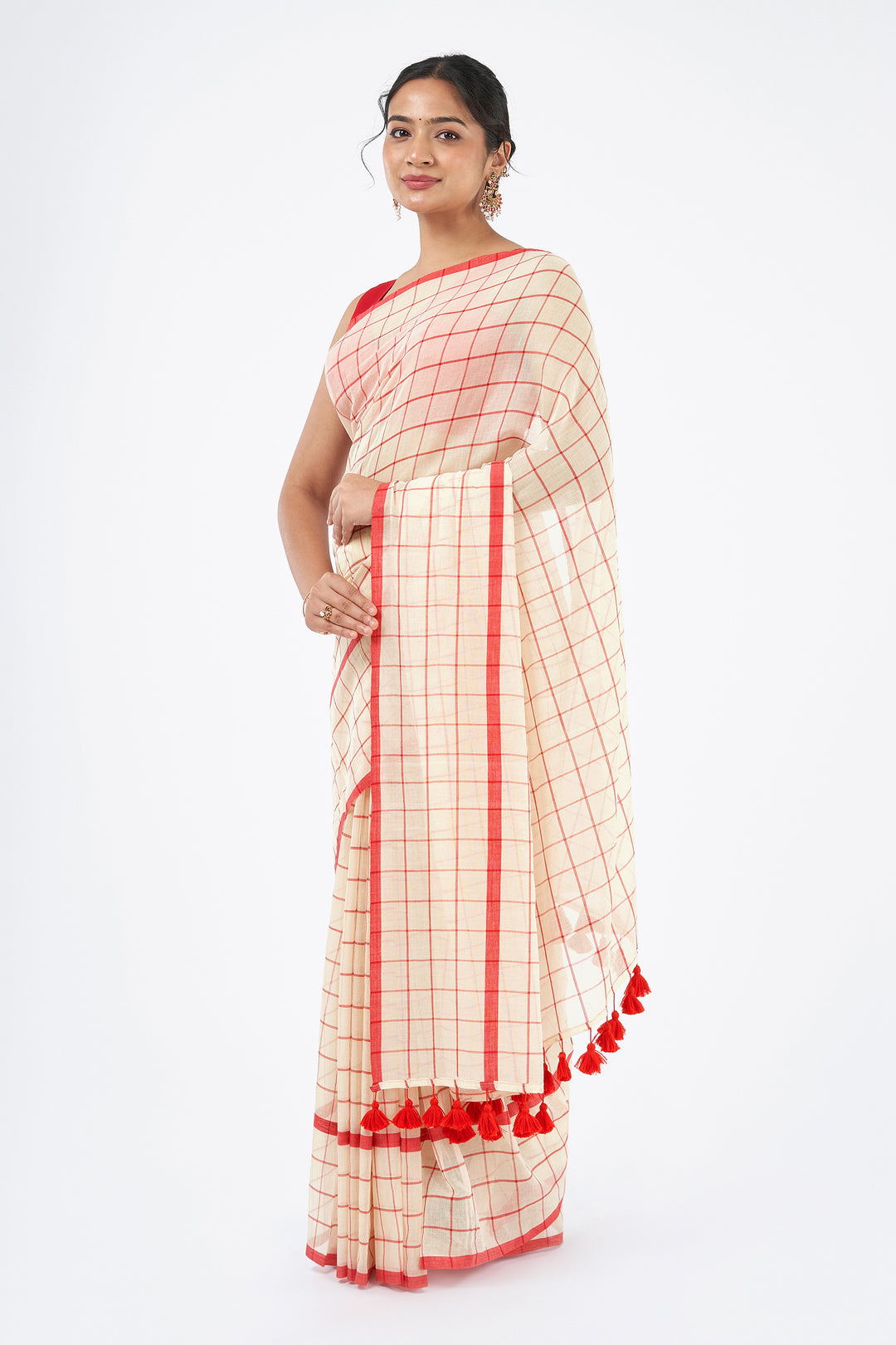 Teejh Agomoni OffWhite &amp; Red Cotton Saree