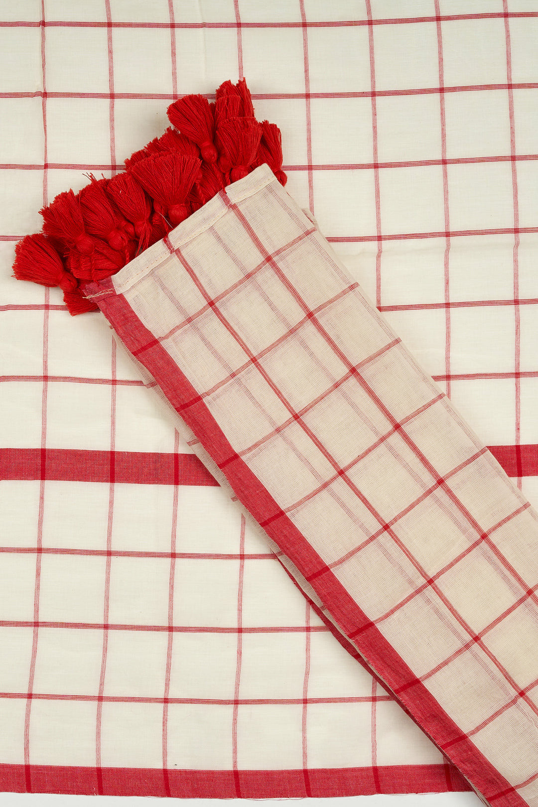 Teejh Agomoni OffWhite &amp; Red Cotton Saree