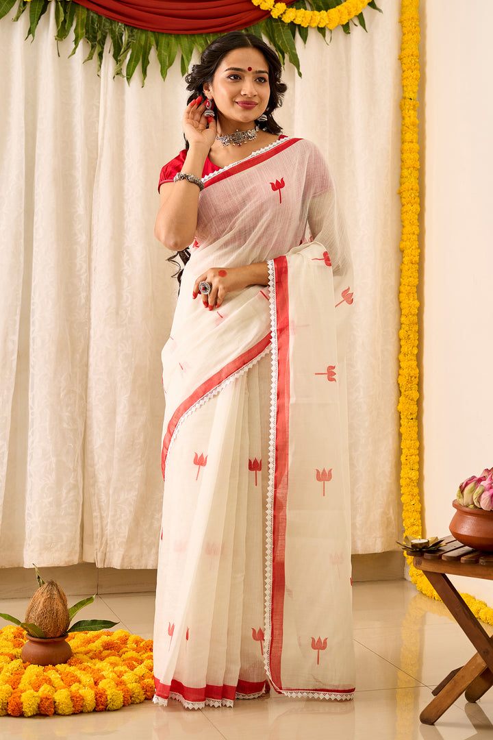 Teejh Navadurga OffWhite &amp; Red Linen Saree