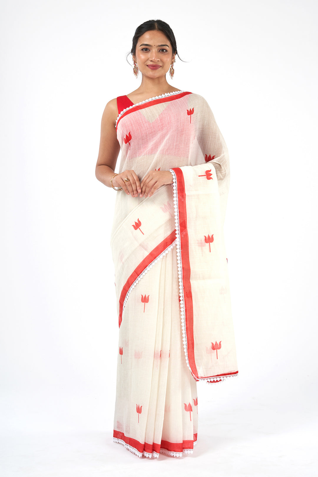 Teejh Navadurga OffWhite &amp; Red Linen Saree
