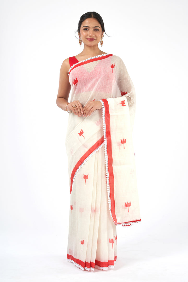 Teejh Navadurga OffWhite &amp; Red Linen Saree