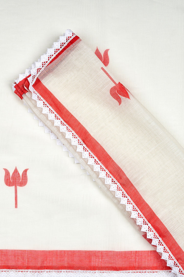 Teejh Navadurga OffWhite &amp; Red Linen Saree