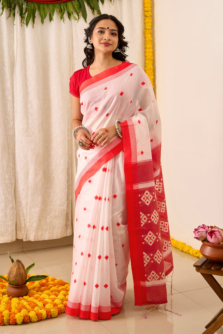 Teejh Shirodiya White &amp; Red Cotton Saree