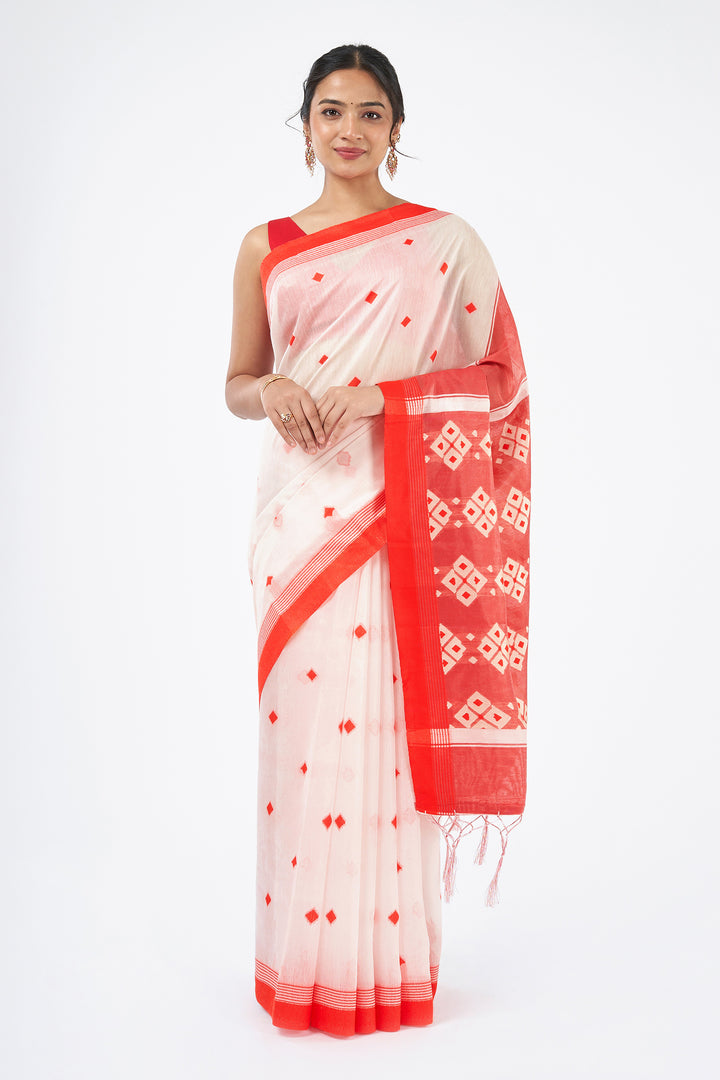 Teejh Shirodiya White &amp; Red Cotton Saree