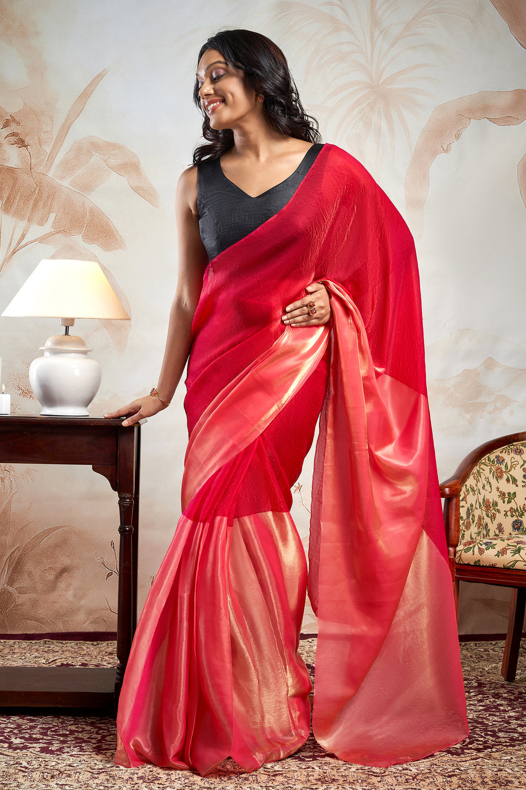 Alesia Satin Pre-Draped Pink Saree