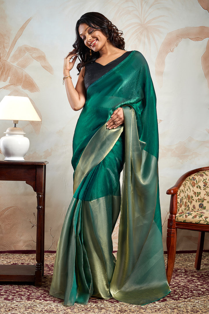 Meiyara Satin Pre-Draped Bottle Green Saree
