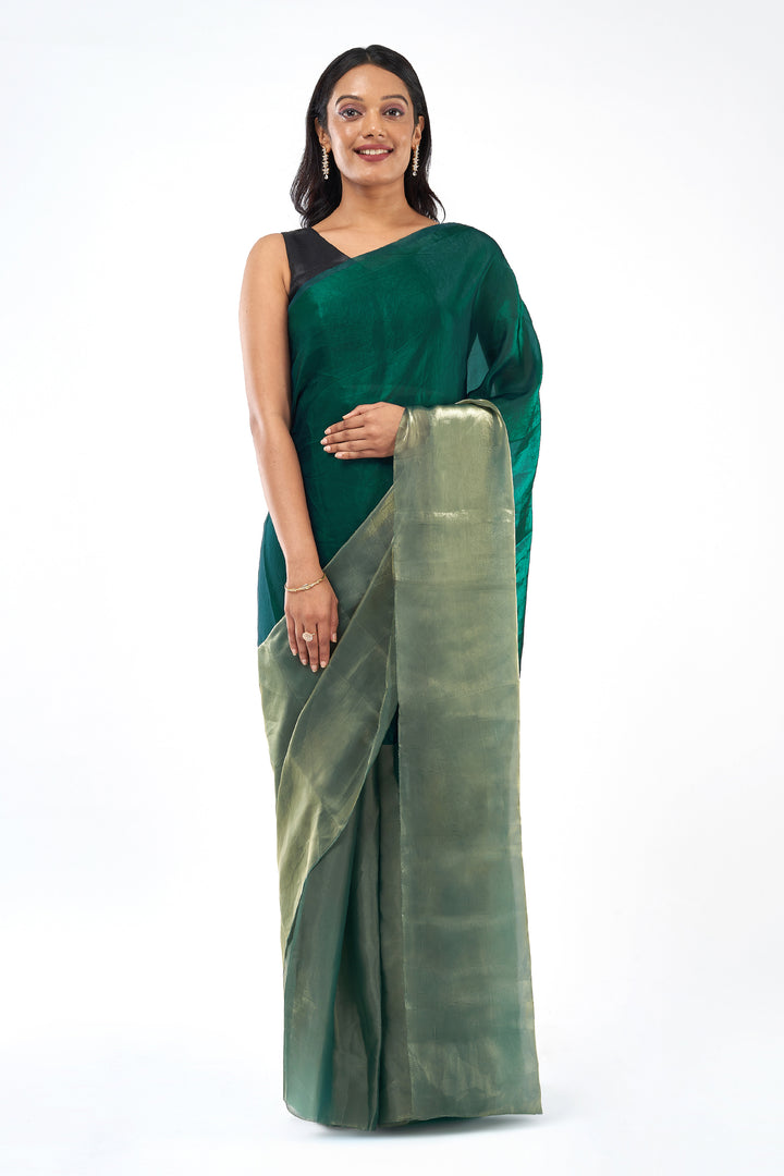 Meiyara Satin Pre-Draped Bottle Green Saree