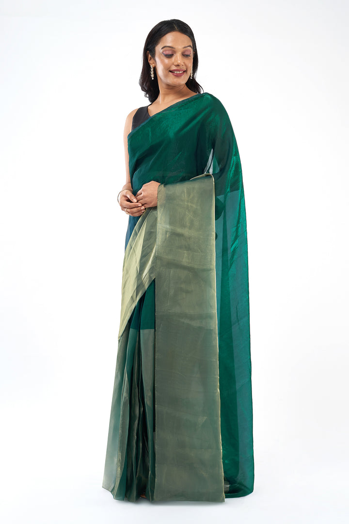 Meiyara Satin Pre-Draped Bottle Green Saree