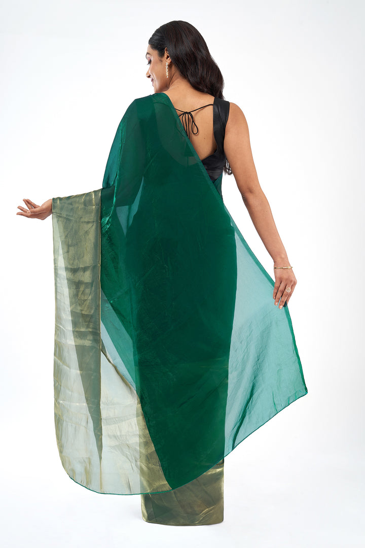 Meiyara Satin Pre-Draped Bottle Green Saree