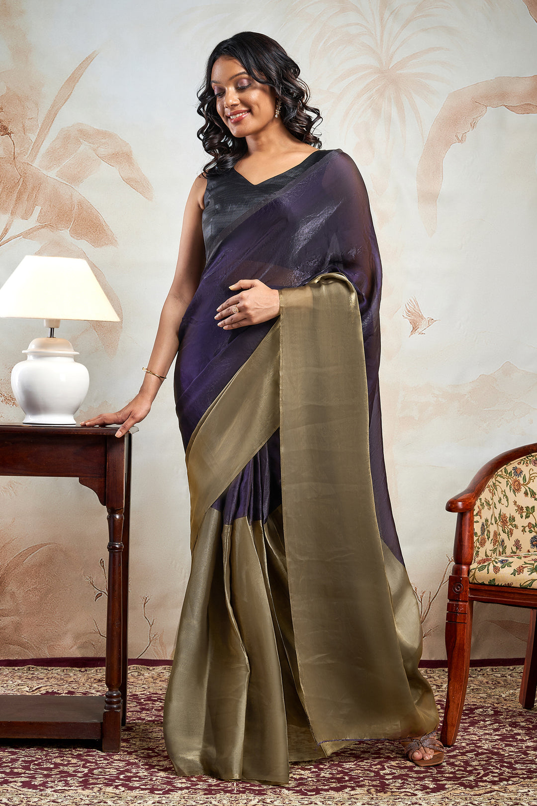 Alesia Satin Pre-Draped Purple Saree