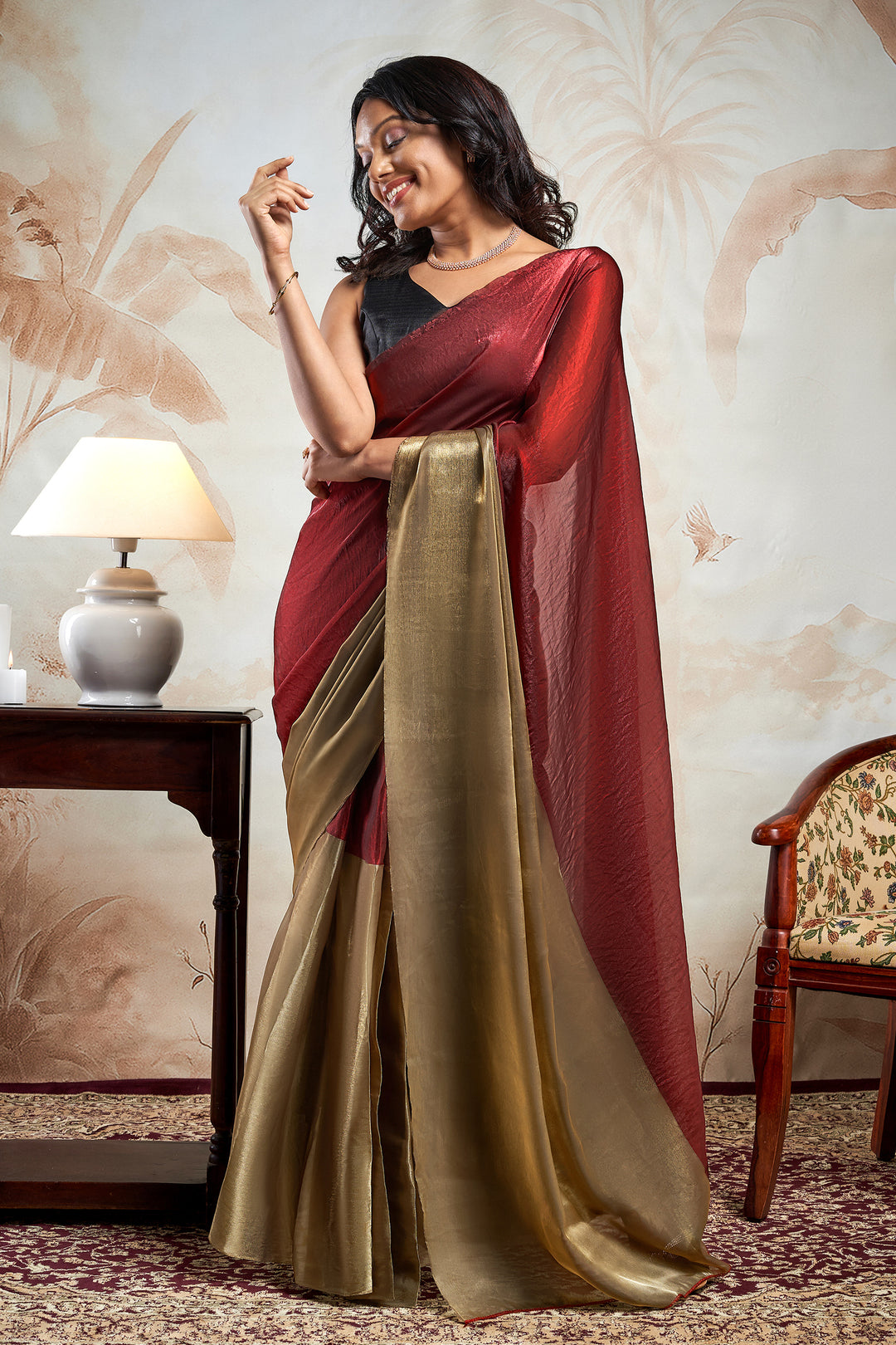 AVayara Satin Pre-Draped Maroon Saree