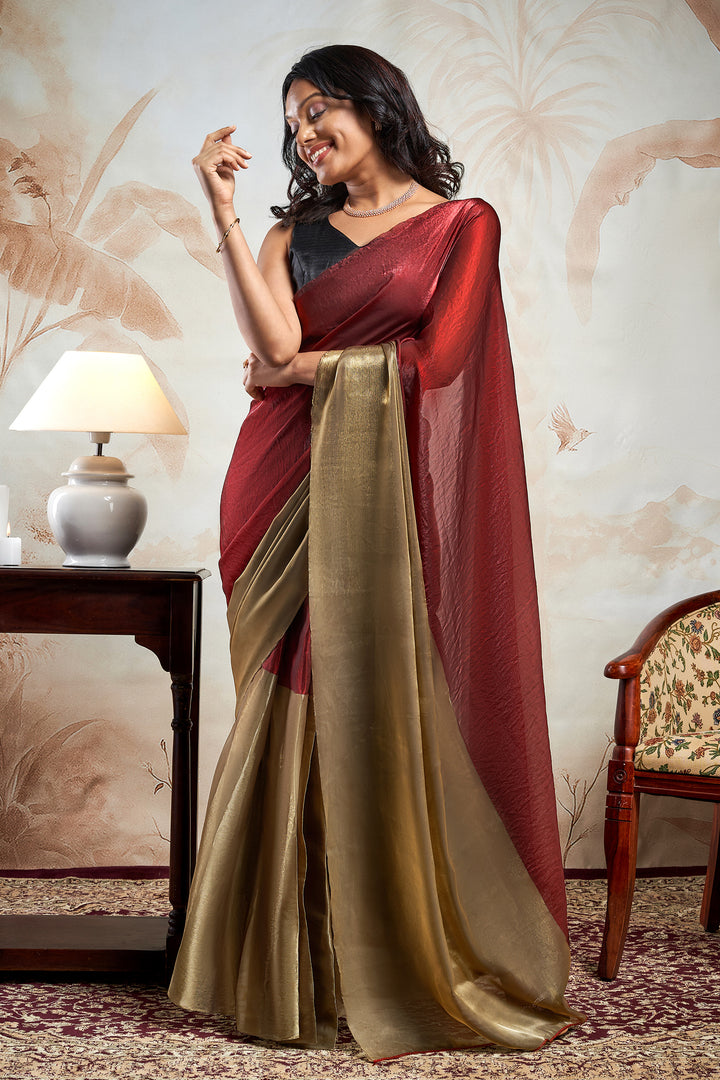 AVayara Satin Pre-Draped Maroon Saree