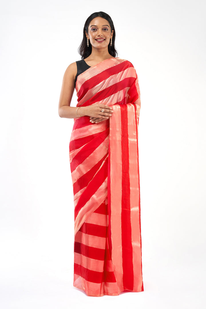 Nayika Satin Pre-Draped Pink Striped Saree
