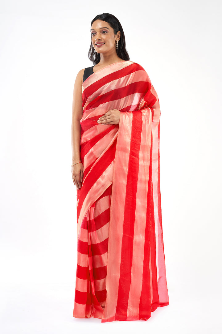 Nayika Satin Pre-Draped Pink Striped Saree
